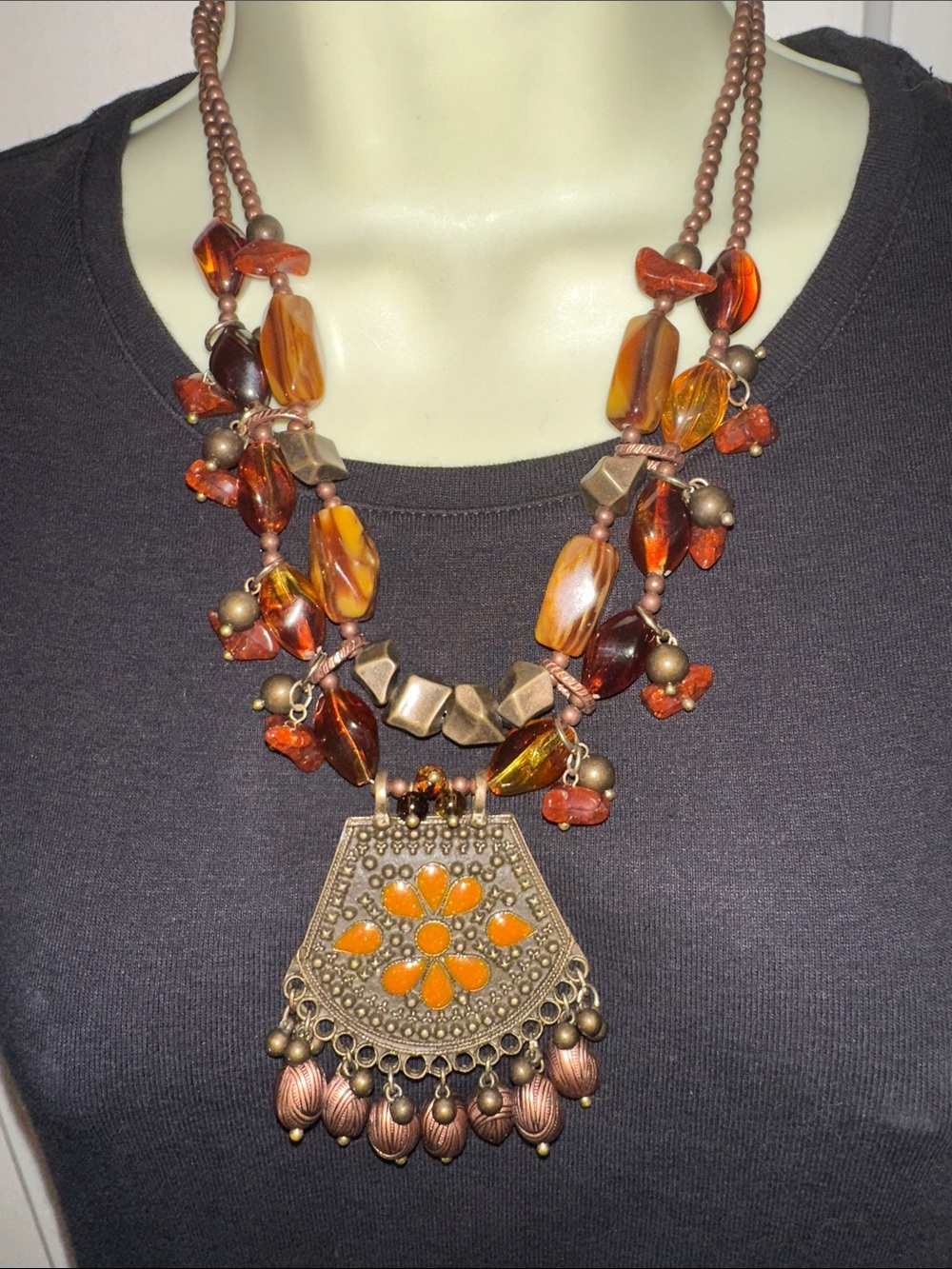 Bohemian Orange & Antique Brass Statement Pendant Necklace